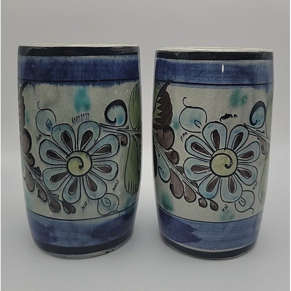 Set Of 2 ~ Vtg 5” Cat Tonala Mexican Pottery Vase Flowers Artist Signed #8 & #9